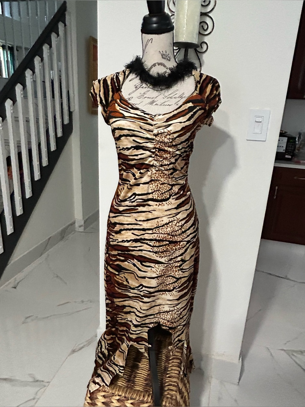 Rubie's Animal Print Dress Costume Feather Trim Brown/Black/Beige with Gloves M